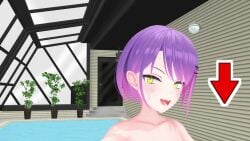 3d animated arrow_(symbol) ass audible_music blush breasts dancing fangs female green_eyes hairclip hololive indoors looking_at_viewer medium_breasts mmd multicolored_hair navel nipples nude one-piece_swimsuit pink_hair plant pool purple_hair pussy solo sound standing tail tokoyami_towa uncensored user26 video virtual_youtuber