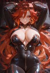 1girls ai_assisted ai_generated aisouls blush breasts caption choker cowboy_shot ear_piercing earrings english_text eyelashes female genshin_impact highres horny hourglass_figure human indoors jewelry large_breasts latex latex_clothing latex_gloves latex_suit light-skinned_female light_skin long_hair mavuika_(genshin_impact) mihoyo navel necklace orange_eyes orange_hair patreon_username red_eyes red_hair seductive seductive_look sexy sexy_body simple_background smile smirk sweat tagme tiny_waist web_address yellow_eyes