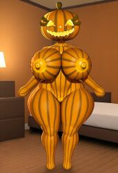 1girls ai_generated anthro bedroom big_breasts five_nights_at_freddy's five_nights_at_freddy's_4 halloween jack_o_pumpkin_(fnaf) nipples nude pumpkin_girl pumpkin_head pussy solo thick_thighs