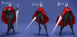 1girls anthro areolae arthropod barretxiii big_breasts black_body black_eyes black_skin blue_areola blue_nipples blue_pussy bottomless breasts cloak cloak_only female female_only hollow_knight hornet_(hollow_knight) huge_breasts large_breasts multiple_poses multiple_views muscular_female nipples pussy red_cloak solo solo_female steam steamy steamy_breath sweat sweatdrop sweaty thick_thighs thighs topless vagina weapon wide_hips