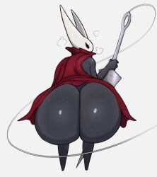 2025 4_fingers arthropod arthropod_webbing ass big_butt black_eyes bodily_fluids butt_focus cloak clothing exoskeleton featureless_feet feet fingers grey_body grey_exoskeleton hewa hi_res holding_object holding_weapon hollow_knight hollow_knight_(franchise) hornet_(hollow_knight) huge_butt looking_back mostly_nude no_pupils rear_view red_cloak red_clothing simple_background sweat team_cherry weapon white_background white_mask