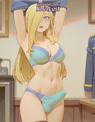 1futa 2025 ai_generated artist_name bed bedroom blonde_hair blue_eyes blue_panties blurry blurry_background blurry_foreground bra bulge cock depth_of_field dick erection foreskin fullmetal_alchemist futanari hair_over_one_eye hi_res high_quality high_resolution highres indoors long_hair male_focus navel novalust olivier_mira_armstrong open_mouth otoko_no_ko panties patreon patreon_username penis solo stable_diffusion testicles underwear undressing watermark