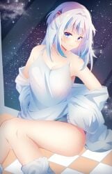 absurdres alternate_breast_size_(larger) bare_legs blue_eyes breasts cleavage evening film_grain fins fish_tail fringe-trim gawr_gura hair_ornament highres hololive hololive_english long_hair lori_hagami medium_breasts mountain multicolored_hair night night_sky shark_girl shark_tail shark_tooth shirt sitting sky sleeveless sleeveless_shirt socks star_(sky) starry_sky streaked_hair sweater tail unworn_sweater virtual_youtuber white_hair white_shirt