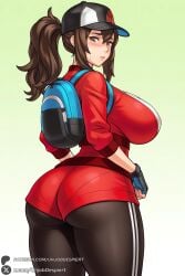 1female 1girls 2026 ai_generated artist_name ass backpack bag big_ass big_breasts black_leggings blush breasts brown_eyes brown_hair closed_mouth curvy female female_only female_protagonist_(pokemon_go) fingerless_gloves from_behind gloves gradient gradient_background green_background hair_between_eyes hat hi_res high_quality high_resolution highres huge_ass huge_breasts jacket large_breasts leggings lips long_hair looking_at_viewer looking_back patreon patreon_username pokemon pokemon_go ponytail shorts solo sweatdrop thick_thighs thighs unjobdespiert watermark web_address