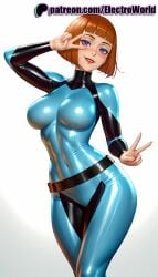 1girls 2025 ai_generated artist_name bangs blunt_bangs bodysuit breasts brown_hair bust chest danny_phantom double_v electroworld female gradient gradient_background hi_res high_quality high_resolution highres looking_at_viewer madeline_fenton patreon patreon_username purple_eyes short_hair skin_tight smile solo stable_diffusion v v_over_eye w watermark