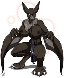 athletic bat big_breasts breasts brown_fur chest_tuft circle claws clothed clothing collar crouching digitigrade female front_view fur hi_res hindpaw huge_breasts leash loincloth looking_at_viewer mammal membranous_wings nipples paws solo toe_claws topless tuft walter_sache winged_arms wings yellow_eyes