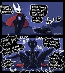 !! 1boy 1girls black_skin blightstar dialogue english_text forced hollow_knight hollow_knight:_silksong hornet_(hollow_knight) hyper_breasts hyper_penis insect_humanoid instant_loss_2koma large_ass large_balls large_breasts large_penis larger_female male/female mating_press misunderstanding penis_bigger_than_body pinned_down resisting small_but_hung small_dom_big_sub speech_bubble straight tagme the_knight_(hollow_knight) vaginal_penetration