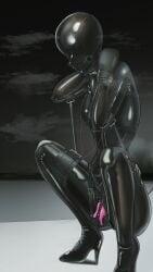 absurdres ball_gag bodysuit bondage bondage_mittens bondage_outfit bound bound_arms bound_legs breasts corset dildo female gag gag_under_mask gagged gimp_mask high_heels highres latex latex_bodysuit mask medium_breasts object_insertion original restrained saliva_drip sex_toy sidelocks skin_tight solo squatting tptgdt underbust vaginal_object_insertion vaginal_penetration