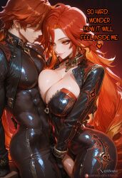 1boy 1girls ai_assisted ai_generated aisouls big_penis blush breasts breasts_squeezed_together caption choker cowboy_shot ear_piercing earrings english_text eyelashes female genshin_impact handjob highres holding_penis horny hourglass_figure huge_cock human indoors jewelry large_breasts latex latex_clothing latex_gloves latex_suit light-skinned_female light_skin long_hair male mavuika_(genshin_impact) mihoyo navel necklace nipples orange_eyes orange_hair patreon_username penis red_eyes red_hair seductive seductive_look sexy sexy_body simple_background smile smirk sweat tagme tiny_waist uncensored web_address yellow_eyes
