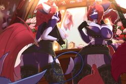 anthro anus breasts canine caninelove clothed clothing digo_marrallang dreamkeepers duo_focus female flower garter_belt garter_straps group hair indi_marrallang indigo_marrallang legwear looking_back mammal mirror nipples one_breast_out plant purple_eyes pussy red_hair sibling thigh_highs twins undressing upskirt