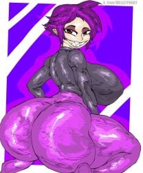 art big_ass big_breasts big_butt big_thighs color digital_drawing_(artwork) digital_media_(artwork) divine_wine fanart horny_female huge_ass huge_breasts huge_butt huge_thighs latex logo melletprout original original_character purple_hair simple_background sitting smile thick_ass thick_thighs vampiranhya wide_hips