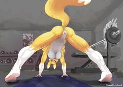 absurdres anthro anus areola ass barbell breasts canine chaoschaocrack chest_tuft clitoris digimon erect_nipples female gym highres inside looking_through_legs low-angle_view mammal nipples nude presenting presenting_anus presenting_pussy pussy pussy_juice pussy_juice_drip raised_tail renamon solo spread_legs spread_pussy spreading tuft weights worm's-eye_view