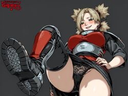 ai_generated armor armored_boots armored_female from_below gigatsu looking_down naruto_(series) panties simple_background temari