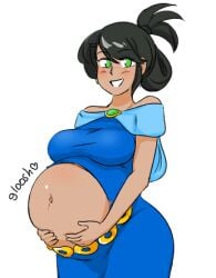 1girls big_belly big_breasts big_butt black_hair bloated_belly blush clinkoclinko cradling early_pregnancy fat_ass female female_only game_cg green_eyes holding_belly navel pregnant rumbling_stomach some_bullshit stuffed_belly stuffing tan_skin torn_clothes wardrobe_malfunction