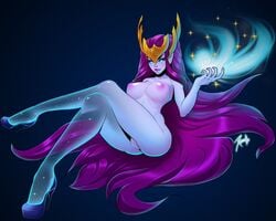 2017 armor ass aurelion_sol blue_eyes blue_skin breasts digital_media_(artwork) female glowing hair helmet jewelry league_of_legends lipstick nipples nude purple_hair pussy riot_games rule_63 smile solo space star video_games xinaelle