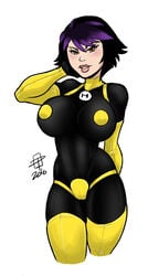 1girls 2016 alternate_costume armor big_hero_6 black_hair blush bodysuit breasts brown_eyes callmepo choker color colored crotch_plate disney female female_only gloves gogo_tomago hair hand_on_head hand_on_own_face hourglass_figure huge_breasts large_breasts lips marvel pasties purple_hair signature simple_background skintight_suit solo standing thick_thighs thighs two-tone_hair upper_body white_background