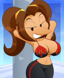 1girls atlus breasts breasts_out female gloves huge_breasts linda_maltinie long_nose pointy_nose red_gloves shortstack slickehedge snowboard_kids solo twintails