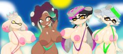 4girls abstract_background absurd_res alternate_breast_size areolae big_areola big_areolas big_breasts big_nipples bikini black_hair breasts breasts_out brown_areola brown_nipples brown_skin callie_(splatoon) crown dark-skinned_female dark_skin domino_mask earrings female_only gigantic_breasts hair_ornament headphones huge_breasts light-skinned_female light_skin long_hair looking_at_viewer marie_(splatoon) marina_(splatoon) navel nintendo nipples octoling off_the_hook outdoors outside pearl_(splatoon) pink_areola pink_nipples purple_hair shmeepo sling_bikini sling_bikini_aside splatoon splatoon_2 squid_sisters sun swimsuit tentacle_hair two_tone_hair white_hair