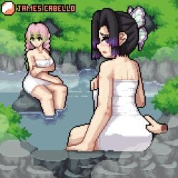 2girls animated ass ass_grab black_hair breasts disembodied_hand english_text from_behind green_eyes green_hair groping hair_bun james_cabello kanroji_mitsuri kimetsu_no_yaiba kochou_shinobu long_hair looking_back multicolored_hair multiple_girls naked_towel onsen pink_hair pixel_art purple_eyes purple_hair single_hair_bun sitting spanking steam subtitled towel water