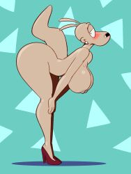 2024 3:4 anthro ass bent_over big_breasts big_butt blush breasts clothing dracojeff female footwear footwear_only high_heels high_heels_only looking_at_viewer macropod mammal marsupial mostly_nude mtf_crossgender nickelodeon nipples pumps red_clothing red_footwear red_high_heels rocko's_modern_life rocko_rama rule_63 shoes solo tan_body thick_thighs wallaby