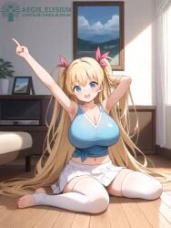 1girls 2025 absurdly_long_hair aegis_elysium ai-generated ai_art ai_generated airi arm_up armpit bed blonde_female blonde_hair blue_eyes blush blushing_at_viewer breasts cleavage curtain curtains elbow_gloves female female_focus gloves hi_res high_quality high_res high_resolution huge_breasts indoors large_breasts oni_chichi oni_chichi_reborn oni_chichi_rebuild oni_chichi_refresh oni_chichi_vacation open_mouth plant poro portrait portrait_(object) portrait_on_wall ribbon room skindentation skirt smile smiling smiling_at_viewer solo solo_focus table thick_thighs thighhighs thighs twintails twintails_(hairstyle) very_long_hair wall wall_(structure) watermark window windows