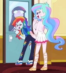 blush clothed clothed_sex clothing cock door dress equestria_girls female futa_on_female futanari hot_dogging hot_dogging_over_clothes jacket leggings looking_back miscon peace_sign penis person_watching princess_celestia_(mlp) principal_celestia rainbow_dash_(mlp) twilight_sparkle_(mlp) watching