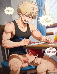 2boys ai_generated bakugou_katsuki blowjob boku_no_hero_academia drool gay half_naked katsuki_bakugou my_hero_academia pubes shouto_todoroki todoroki_shouto
