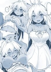 ahoge arms_up bar_censor blush bow bow_panties breasts censored dark_skin dress dress_lift female fingering granblue_fantasy large_breasts long_hair looking_at_viewer monochrome navel nipples open_mouth panties panties_aside pussy see-through smile solo_focus tgh326 the_order_grande underwear