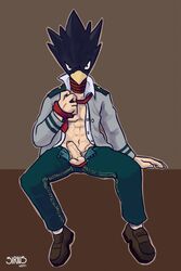 2017 abs anthro artist_name avian balls bird clothing digital_media_(artwork) fumikage_tokoyami humanoid_penis male male_only mammal my_hero_academia necktie penis school_uniform simple_background siriuswolfus solo u.a._school_uniform uncut uniform