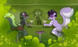 alcohol alternative_fashion anthro ass bar_counter bar_stool bartender beverage big_butt bite biting_lip blush bodily_fluids bow_tie bubble clothing cocktail cocktail_garnish cocktail_glass container counter cup demon dirty dirty_clothing drinking_glass drunk drunk_bubble ear_piercing fart fart_cloud fart_fetish fish furniture gas_mask glass glass_container glass_cup goth group hal_(hal_skunky) hi_res horn hybrid male mammal marine mask mephitid nervous nervous_sweat nude nude_male panicking piercing relaxed_expression relieved shark sitting skunk skunk_tail smelly smelly_butt smug_face squiddy62 stained_clothing stained_fur stink_cloud stink_fumes stinkbomb_(stinkbombskunk) stool substance_intoxication sweat thunder_thresh_(squiddy62) trio