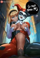 1boy 2girls ai_generated alley batman_(series) black_body blonde_hair blue_eyes breast_grab breasts breasts_out clown clown_girl cowgirl_position dark-skinned_male dark_penis dark_skin dc dc_comics grabbing_another's_breast gwen_stacy harley_quinn harley_quinn_(classic) licking licking_lips lucakp marvel marvel_comics patreon patreon_link patreon_logo patreon_reward patreon_url patreon_username pov sex spider-gwen spider-man_(series) tagme text text_bubble tongue vagina vaginal_penetration vaginal_sex