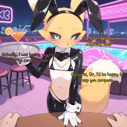 1girls absurd_res ai_generated aifurryposter69 alcohol alcoholic_drink anthro bar black_sclera bra bunny_ears bunny_girl bunnysuit cocktail digimon digimon_(species) english_text fake_animal_ears fake_bunny_ears female female_focus flat_chest fox fox_tail hand_on_table highres holding_plate holding_tray looking_at_viewer micro_bikini neon_lights night outdoors panties petite poolside pov pov_eye_contact rabbit_ears rabbit_girl renamon reverse_bunnysuit serving_tray swimsuit swimwear talking_to_viewer thong waitress