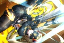 2025 big_breasts blonde_hair covered_eyes greenscorpeon3 hoyoverse spread_legs tagme thick thick_thighs trigger_(zenless_zone_zero) underboob zenless_zone_zero