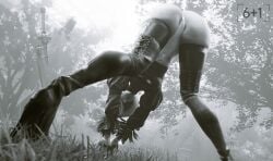 1girls 2025 3d alternate_version_available ass bent_forward big_ass black_and_white blindfold blindfolded boob_window breasts clothed clothed_female covered_breasts feather-trimmed_sleeves feather_trim feathers female female_only gloves greyscale headband high_heel_boots high_heels juliet_sleeves legs_apart leotard lipstick long_sleeve_leotard looking_back looking_between_legs medium_breasts medium_hair nier:_automata nier_(series) no_nude no_nudity non-nude non_nude outdoors rear_view sixplusone skimpy skimpy_clothes skindentation solo standing stay-ups thigh_high_boots thigh_highs thigh_skindentation thighhigh_boots thighhighs yorha_2b