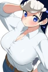 1girls arato_nagi belt big_breasts black_hair blue_jeans breasts brown_belt cleavage clothed_female collared_shirt denim earrings gloves hand_on_own_hip highres imiin large_breasts light-skinned_female light_skin long_hair looking_at_viewer nagi_arato ruri_no_houseki ruri_rocks shirt shirt_tucked_in simple_background sleeves_rolled_up solo solo_female standing stud_earrings sweat voluptuous voluptuous_female white_background white_collared_shirt white_gloves