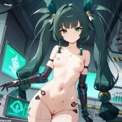 (titancore) ai_generated android android_girl curvy_figure cute_girl female girl green_eyes green_hair hair_ornament laboratory long_hair naked nipples police pussy pussy_juice qingyi_(zenless_zone_zero) robot_girl robot_joints robot_legs robotic_arm small_breasts twintails video_game_character zenless_zone_zero