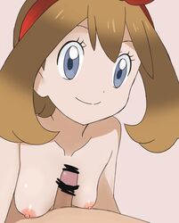 1boy areolae bar_censor between_breasts blue_eyes breasts censored erect_nipples female highres human human_only light_brown_hair looking_at_viewer may_(pokemon) may_(pokemon_oras) meronshiroppu nintendo nipples paizuri penis pokemon pokemon_oras sex short_hair small_breasts smile straight