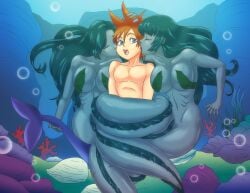 bare_chest big_breasts coiling coils double_kiss eel_girl flotsam flustered_male holding_tail jetsam kingdom_hearts kiss_on_cheek large_breasts mermaid mermaid_tail monster_girl older_female one_boy rule_63 sora_(kingdom_hearts) spikey_hair stroking_hair surprised_expression teasing the_little_mermaid_(1989_film) two_girls underwater wadevezecha younger_male