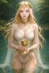 1girls ai_generated bare_shoulders bare_thighs beautiful_face big_breasts blonde_hair bretonnia chalice elf_female enchantress fay_enchantress female_only female_solo fey gold_chain gold_choker gold_eyes gold_jewelry green_eyes human_female lace lake large_breasts large_eyes leotard long_hair mole_under_mouth morgiana_le_fay nymph pale_skin pale_skinned_female thick_thighs thigh_highs tiara total_war:_warhammer veil very_long_hair warhammer_(franchise) warhammer_fantasy water wet wet_clothes wet_dress white_dress white_skin