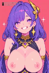 ai_generated bright_colors genshin_impact happy nipples oc pixel_art purple_eyes purple_hair raiden_shogun smiling