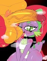 2025 ball_sucking balls_fondling blush bulge butt_blush crop_top dragon eyelashes femboy femboy_on_male gay girly kneeling long_tongue looking_at_viewer male male/male male_shortstack musk musk_clouds my_little_pony my_little_pony_friendship_is_magic penis precum precum_drip saurian_(artist) shortstack spike_(mlp) thunder_thighs