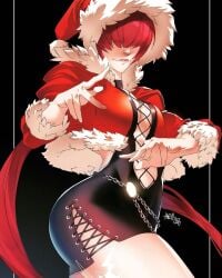 alternate_costume belt black_background black_dress breasts center_opening christmas cleavage commentary covered_eyes cropped_jacket dress english_commentary female fighting_stance fingernails fluffy fur_trim hair_over_eyes hat highres jacket king_of_fighters lace-up large_breasts lips long_hair loose_belt metalhanzo microdress no_bra red_hair red_hat red_jacket santa_hat shermie_(kof) skirt snk solo split_ponytail the_king_of_fighters the_king_of_fighters_xv thick