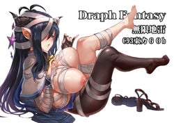 antenna_hair areolae bandage bandaged_arm barefoot black_gloves breasts cover crescent danua_(granblue_fantasy) doraf feet female fingerless_gloves gloves granblue_fantasy hair_between_eyes horn_ornament horns huge_breasts jewelry large_breasts mushi024 nipples open_toe_shoes pantyhose pointy_ears red_eyes shoes_removed solo