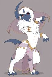 6_nipples absol ai_generated belly_dancer blush body_blush bracelet chest_tuft clothing dancing female feral fur generation_3_pokemon gold_(metal) gold_bracelet gold_jewelry hi_res horn_jewelry jewelry looking_at_viewer multi_nipple navel nintendo nipples pokemon pokemon_(species) pussy_blush red_eyes solo translucent translucent_clothing tuft white_body white_fur