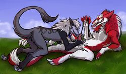 2013 anthro balls collar duo erection fellatio fur leash lying male mammal nude open_mouth oral paws penis re-re sergal sex tongue tongue_out yaoi