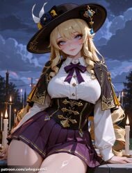 1girl ai_generated alternate_costume arlequin097 black_capelet black_headwear blonde_hair blue_eyes blush bow bowtie breasts candle capelet closed_mouth cloud drill_hair drill_sidelocks earrings flower genshin_impact hat hat_flower jewelry large_breasts long_hair long_sleeves looking_at_viewer mihoyo miniskirt navia_(genshin_impact) outdoors pleated_skirt purple_bowtie shirt sidelocks sitting skirt sky smile solo thick_thighs thighs white_shirt