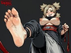 ai_generated barefoot blush breasts breasts_out dominant dominant_female feet foot_fetish foot_focus gigatsu leash naruto_(series) nipples simple_background sole_female soles temari toes