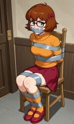 1girls ai_generated arms_tied_behind_back blue_eyes bondage bound_ankles bound_legs brown_hair gag gagged looking_at_viewer megane scooby-doo sitting_on_chair tape_gag tied_to_chair velma_dinkley