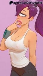 1girls 2025 ai_generated artist_name bare_shoulders blush breasts bust chest cleavage covered_nipples electroworld female futurama gradient gradient_background hi_res high_quality high_resolution highres mole mole_under_eye nail_polish patreon patreon_username pink_background purple_hair solo stable_diffusion tentacle_hair turanga_leela watermark