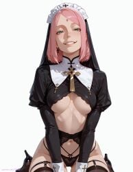 ai, ai_art ai_generated areola_slip ass_visible_through_thighs black_footwear black_panties black_thighhighs boruto:_naruto_next_generations boruto:_two_blue_vortex breasts cross cross_earrings earrings facial_mark female forehead_mark garter_belt green_eyes grin habit high_heels highleg_panties inverted_cross, jewelry latin_cross lips long_sleeves looking_at_viewer medium_breasts medium_hair naruto naruto_(series) navel nun panties pink_hair sakura_haruno short_hair shrug_\\\\(clothing\\\\) simple_background sitting smile solo tagme teeth thighhighs underboob underwear veil wariza white_background xxai